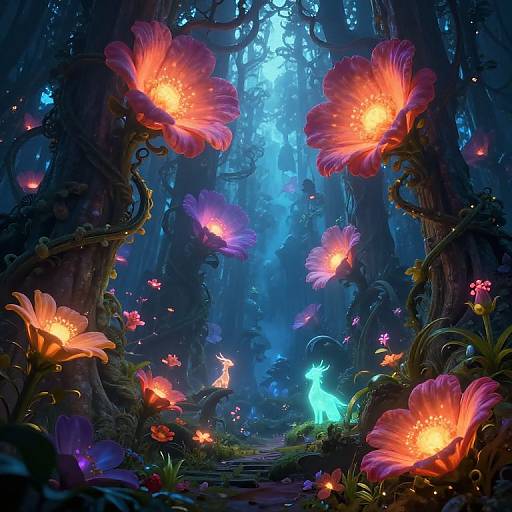Fantasy Forest with Glowing Flowers and Mythical Creatures