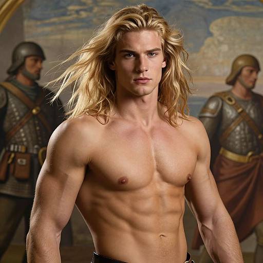 Photograph of a shirtless, muscular, blonde-haired man with wavy hair standing in front of two armored soldiers in a historical setting.