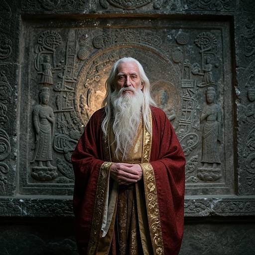 Photograph of an elderly, white-bearded man in a red and gold embroidered robe, standing in front of an intricately carved, ancient stone wall
