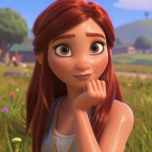 Digital CGI portrait of a cute, wide-eyed, red-haired girl with freckles, wearing a sleeveless top, gently touching her chin, set