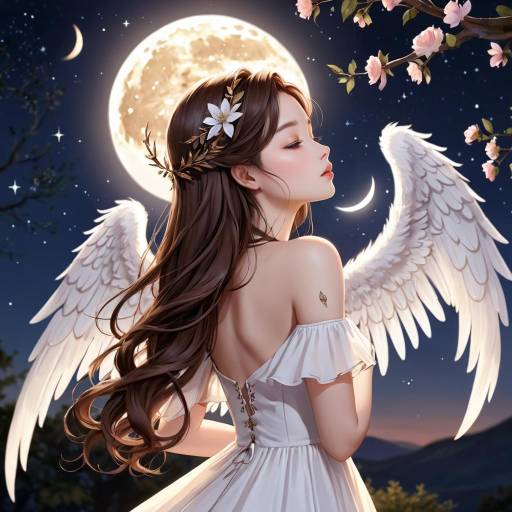 Enchanting Girl with Angel Wings Under Moonlight