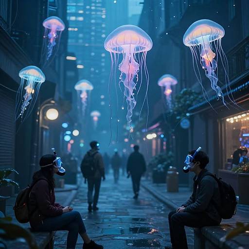 Photograph of a neon-blue, futuristic city street at night with glowing jellyfish hanging above, two people sitting, wearing VR headsets, and pedestrians