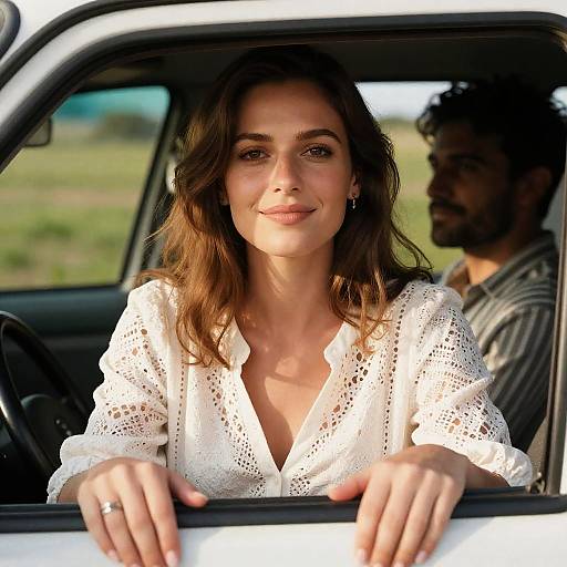 Smiling Woman Leaning Out of Car Window