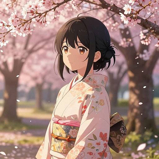 Anime-style digital drawing of a young woman with black hair in a floral kimono, standing under cherry blossoms in a sunny park.