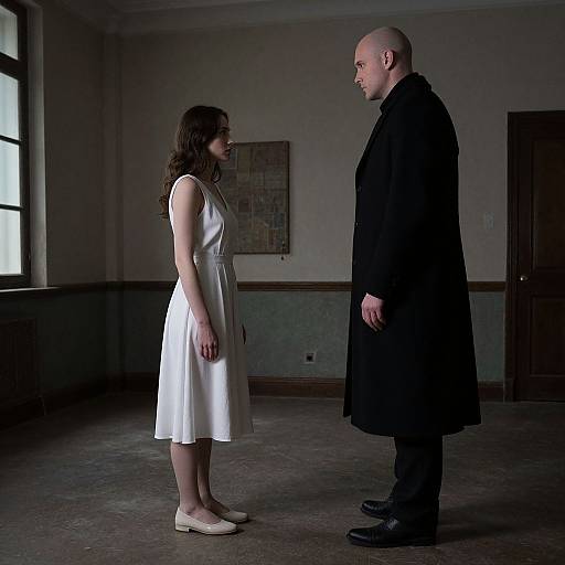 Woman in White Dress Facing Man in Black Coat