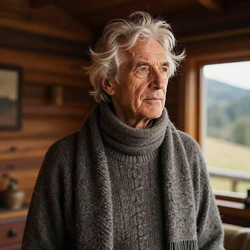 Senior Man with Windswept Hair in Mountain Cabin