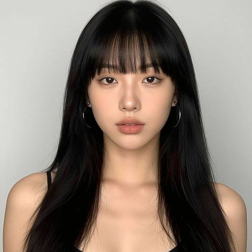 Digital portrait of an East Asian woman with long black hair, bangs, hoop earrings, fair skin, and neutral expression against a plain white background.