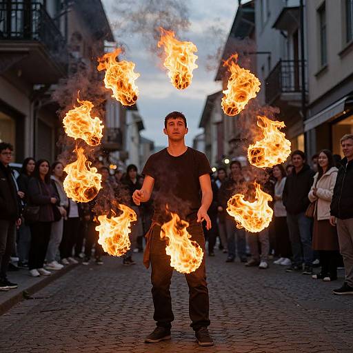 Photograph of a young man in a black shirt and pants, standing on a cobblestone street, juggling eight fiery orange flames above his head
