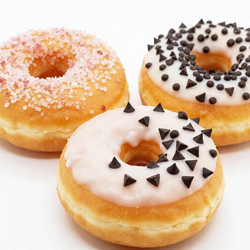 Photograph of three glazed donuts: one with pink sugar sprinkles, one with black triangle sprinkles, and one with white glaze and black
