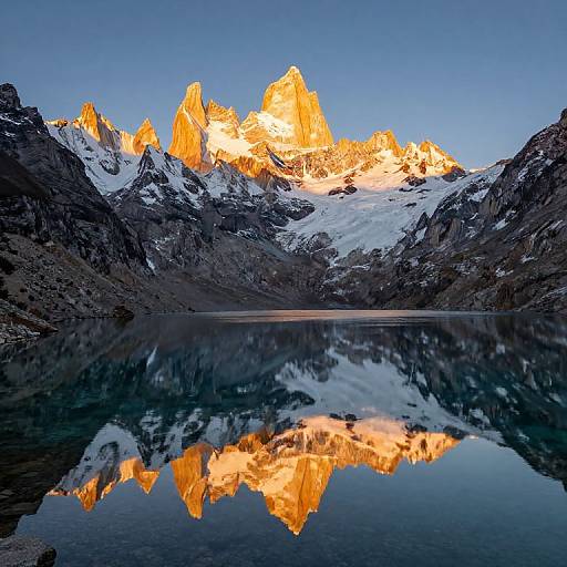 Photograph of a snow-capped mountain range bathed in golden sunlight, reflected perfectly in a calm, mirror-like lake under a clear blue sky.