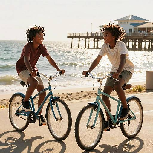 Two Black men with dreadlocks ride blue bicycles on a sunny beach, laughing and smiling. Ocean waves and pier in background. Photographic image.