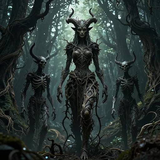 Digital art: Dark forest with eerie, horned, skeletal demon figures with twisted, vine-like bodies, standing in a misty, shadowy background