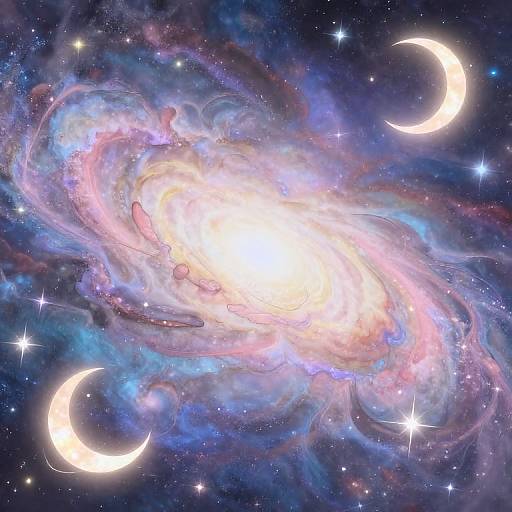 Photograph-like digital artwork of a radiant, swirling galaxy with pink, blue, and white nebulous clouds, surrounded by three glowing crescent moons and