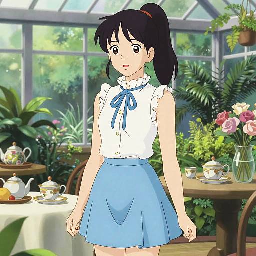 Preppy Woman in Sunlit Conservatory