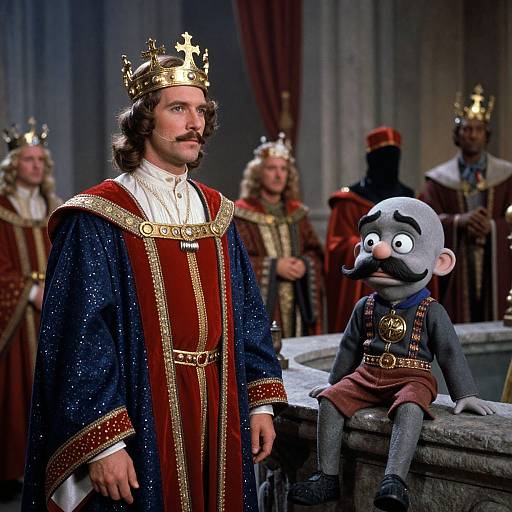 Photograph of a mustachioed man in royal attire with a golden crown, standing next to a cartoonish, mustached boy in medieval clothing