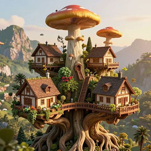 Whimsical digital art of a fairy-tale village on giant mushrooms, with three wooden houses, winding staircases, and lush greenery, set