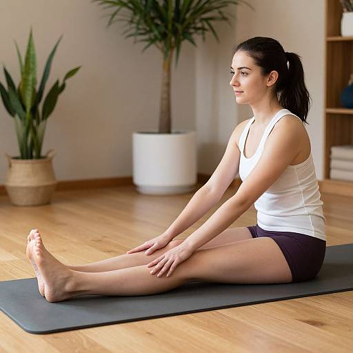 Photograph of a fair-skinned woman with dark hair in a ponytail, wearing a white tank top and black shorts, sitting on a gray yoga