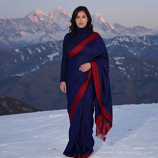 Photograph of a South Asian woman with dark hair, wearing a navy blue traditional saree with red stripes, standing on a snowy mountain peak with snow
