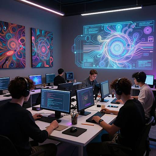 Photograph of a modern, dimly-lit tech office with five male programmers wearing headphones, working on laptops, surrounded by vibrant abstract digital art and