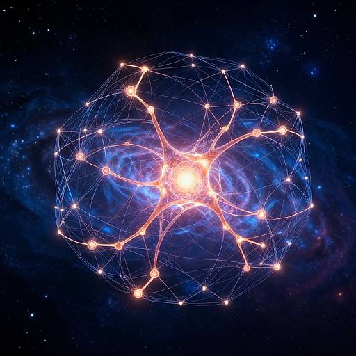 Digital artwork of a glowing, star-connected sphere floating in a dark, starry space with a blue nebula background, resembling a cosmic network.