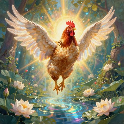 Surreal Divine Chicken Soaring Above Garden