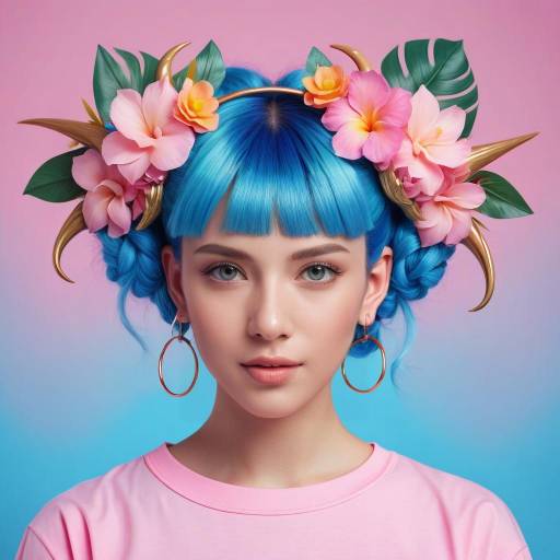 Woman with Blue Hair and Floral Horn Headpiece