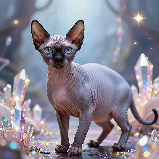 Photograph of a sleek, blue-eyed, bald Abyssinian cat with large ears, standing amidst glowing, colorful crystals in a magical, ethereal