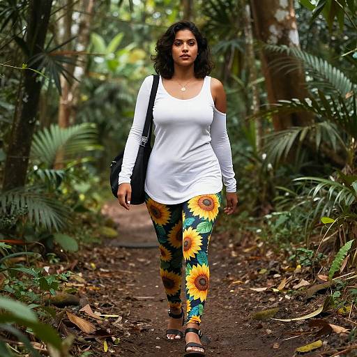 Photograph of a curvy woman with medium brown skin and wavy black hair, wearing a white tank top, sunflower-patterned leggings, black