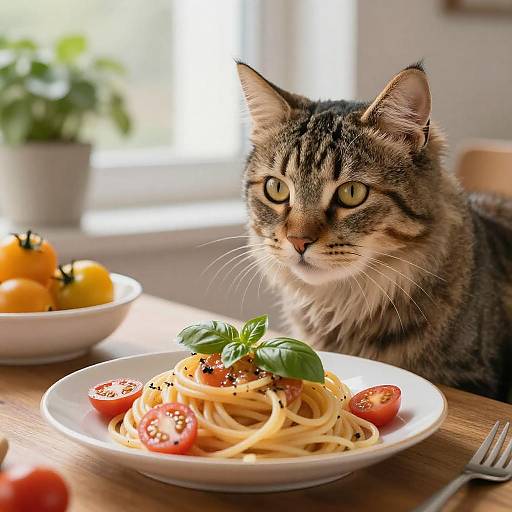 Close-Up of Fluffy Tabby Cat with Spaghetti