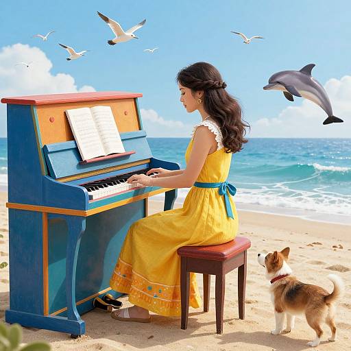 Photograph of a woman in a yellow dress playing a blue piano on a beach, with a dolphin leaping, birds flying, and a small dog