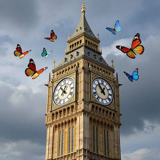 Surreal 3D Clocktower with Butterflies