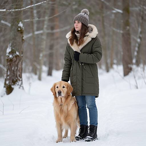 Photograph of a woman in a green parka with fur trim, grey beanie, blue jeans, and black boots, standing in snow with a
