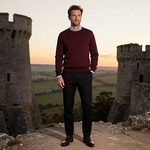 Photograph of a bearded man in a maroon sweater, black pants, and polished shoes standing between two medieval castle towers at sunset.