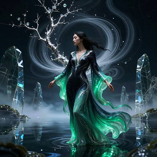 Obsidian-to-Emerald Surreal Fluid Woman Portrait