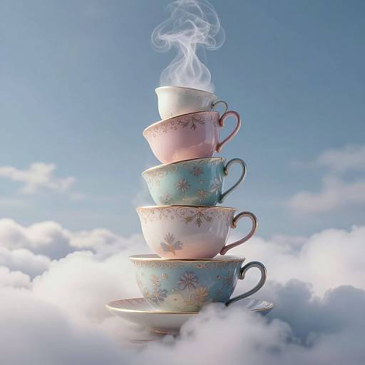 Photograph of five stacked, floral-patterned teacups with steam, set against a bright blue sky and fluffy white clouds.