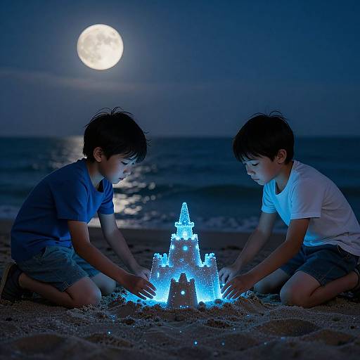 Photograph of two Asian boys, one in blue shirt, other in white, building glowing blue sandcastle on beach at night, moonlit.