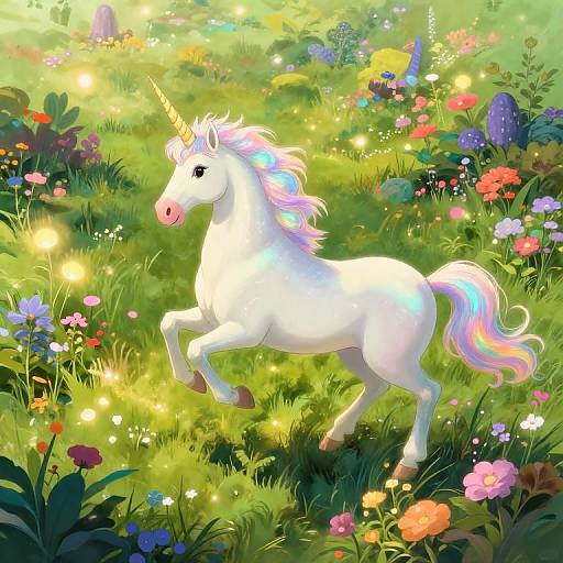 Digital illustration of a white unicorn with a pastel mane, galloping through a vibrant, sunlit meadow filled with colorful flowers and glowing fire