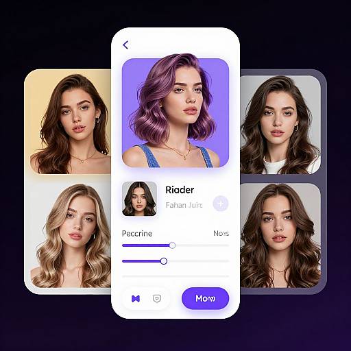 Photorealistic digital image of a phone app interface showing five women's portraits with varying hair colors and styles, labeled 