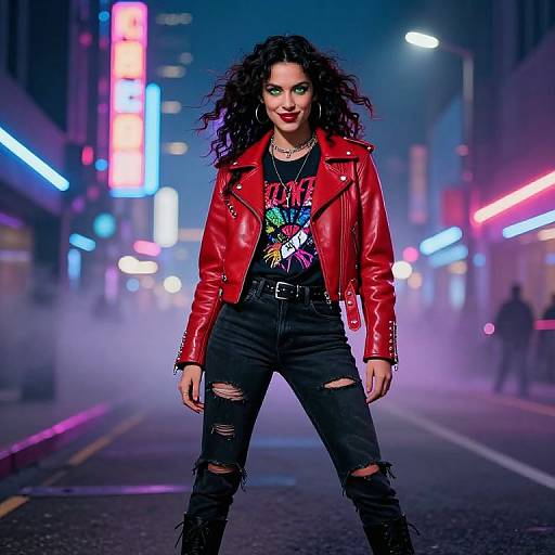 Photograph of a confident woman with curly black hair, red leather jacket, ripped black pants, and colorful graphic tee, standing in a neon-lit