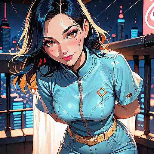 Anime Girl in Blue Catsuit at Night