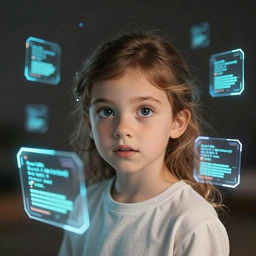 Photograph of a young girl with blue eyes, brown hair, wearing a white shirt, surrounded by floating, glowing blue digital screens.