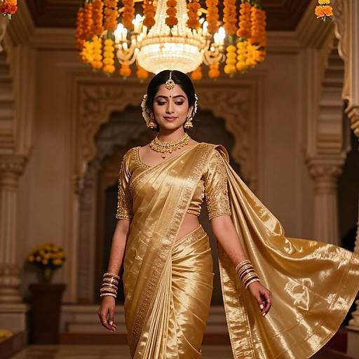 Photograph of a confident Indian bride in a gold saree, adorned with jewelry, walking down a luxurious, ornately decorated hallway with a glowing ch