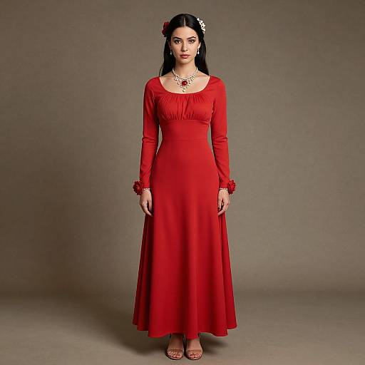 Photograph of a woman with long black hair, wearing a red, long-sleeved, flowing dress, and a flower hairpiece, standing against