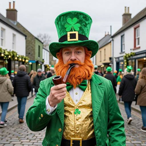 Photograph of a red-bearded man in a green top hat, gold vest, and green coat, smoking a pipe, in a bustling St.