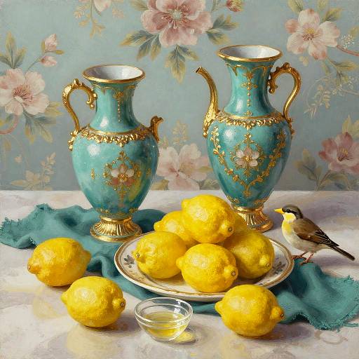 Ornate Teal Vases and Lemons Still Life