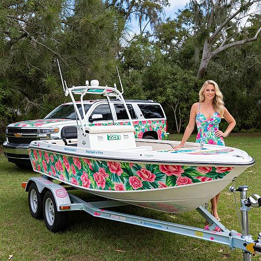 Photograph of a blonde woman in a floral dress standing beside a decorated white boat with pink flowers on a trailer, parked on grass with a tree-filled