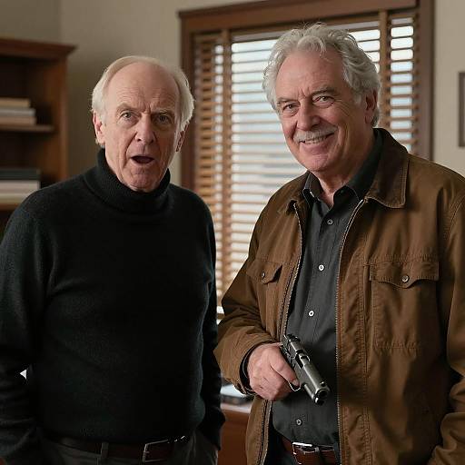 Two Senior Men Indoors with Gun