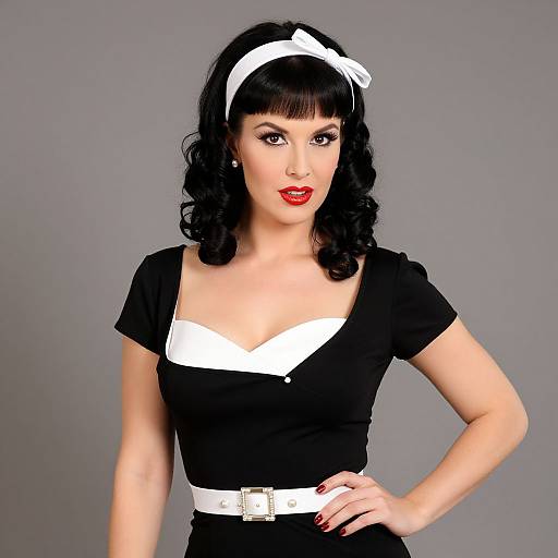 Vintage-style photograph of a woman with black curly hair, white headband, black dress, white undershirt, white belt, and red lipstick.