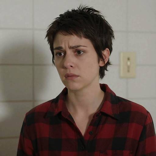 Concerned Woman in Red Plaid Shirt