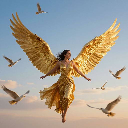 Photograph of a woman with golden wings and dress, floating against a blue sky with flying birds, sunlit clouds below.